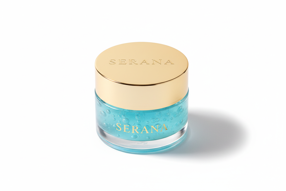 Blue jar with gold lid labeled 'Serana' on a white background
